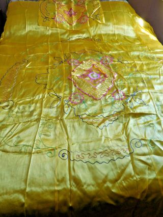 Vintage Hand Embroidered Yellow Silk Satin Bed Spread & Pillow Case / Sham