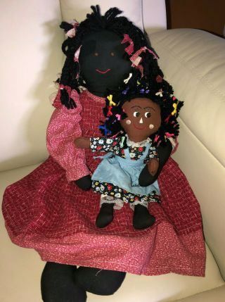 2 Vintage Black African American Cloth Rag Doll Folk Art Dolls 23 " 12 " Yarn Hair