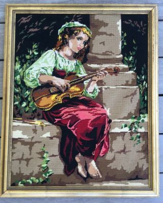 Vintage Framed Needlepoint,  Girl With Violin,  Euc,  22 1/2 X 27 3/4 In Gold Frame