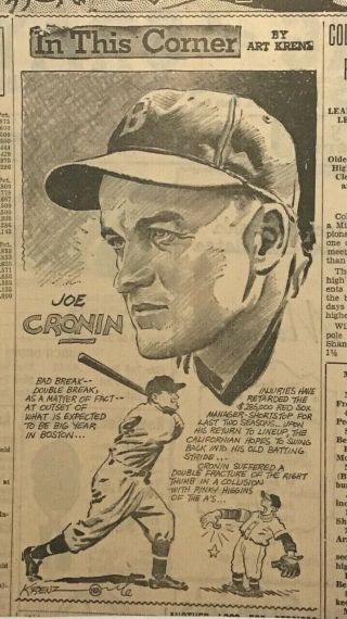 1936 Newspaper Panel " In This Corner " By Krenz - Joe Cronin Boston Red Sox