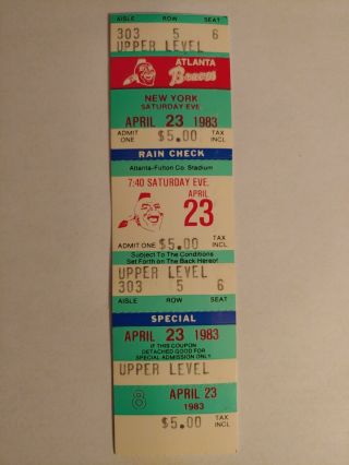 4/23/1983 York Mets @ Atlanta Braves Ticket Stub Played 4/24 Dave Kingman Hr