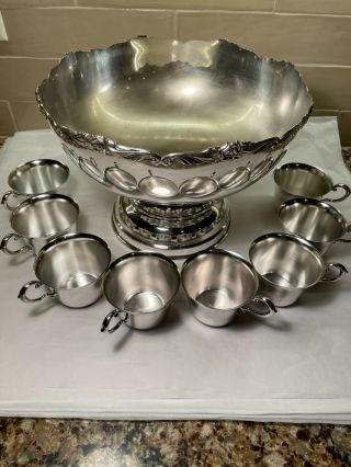 Vintage Large Silver Plated Roses Punch Bowl W/ 8 Cups Ep Nickel Silver Japan