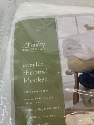 Vintage JC Penney Twin Size Woven Acrylic Thermal Blanket Satin Trim White 66x90 2