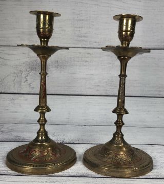 Antique Ornate Bronze Candle Holders Hand Engraved Painted Red Blue 7.  5 " Tall