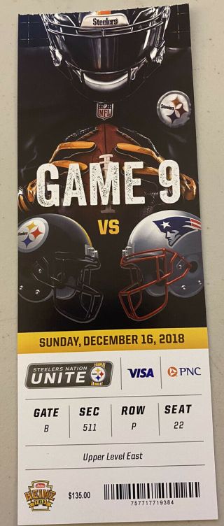 2018 Ticket Stub Pittsburgh Steelers Vs England Patriots
