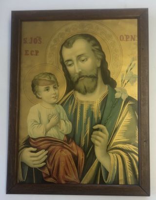 Antique Icon Gold Print St.  Joseph Holding Baby Jesus Frame Wood Frame C.  1900