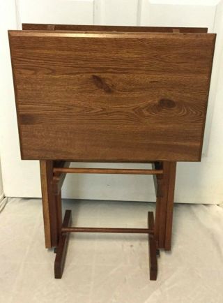 Set Of 2 Vintage Wooden Tv Tray Tables With Stand Folding Portable Brown Mcm