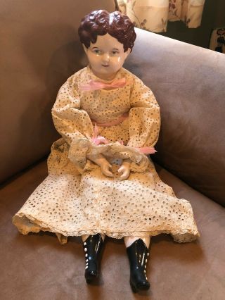 Large Vintage Porcelain China Head & Limbs Doll W/ Cloth Body 25”