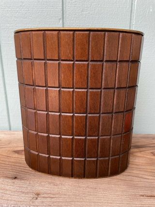 Vintage Mid Century Gruvwood Oval Waste Basket / Trash Can Real Walnut Facing