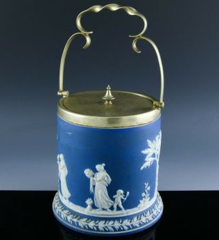 19thc Antique Wedgwood Blue White Jasperware & Silver Plate Biscuit Barrel Jar