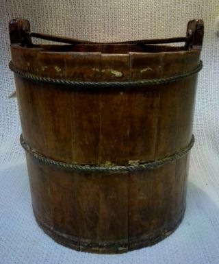 Antique Wooden Stave Well Water Bucket Metal Bands & Wrought Iron Handle