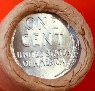 1955 - P / 1943 STEEL TAIL WHEAT END OBW BANK WRAP LINCOLN PENNY ROLL 2