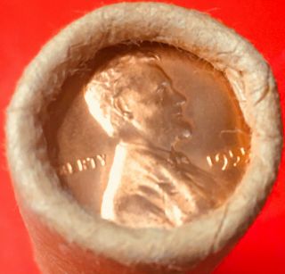 1955 - P / 1943 STEEL TAIL WHEAT END OBW BANK WRAP LINCOLN PENNY ROLL 3