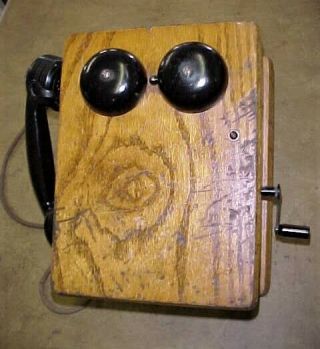 Antique Hand Crank Oak Wall Telephone - Phone - Bells Ring When Turn Crank