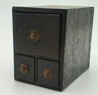 Antique Japanese Tantu Jewelry Box Wood With 3 Drawers And Metal Pulls