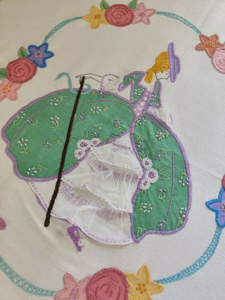 Vintage Hand Embroidered Tablecloth/bedspread - Crinoline Lady Applique