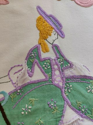 Vintage hand embroidered tablecloth/bedspread - Crinoline lady Applique 2
