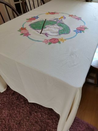 Vintage hand embroidered tablecloth/bedspread - Crinoline lady Applique 3