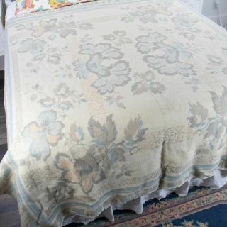 Vintage Wool Blanket Floral Reversible With Satin Trim 84 X 74 Gray Blue Tan
