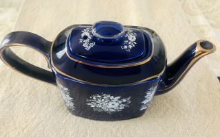 Vintage (antique?) Arthur Wood Haddon Teapot Cobalt Blue & Gilding White Flowers