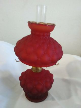 Antique Red Satin Glass Miniature Oil Kerosene Hurricane Lamp Nutmeg Burner