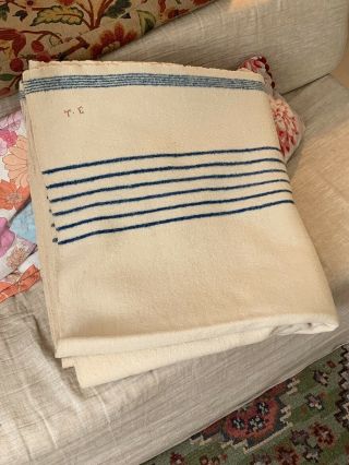 Couverture Laine Ancienne Rayée Bleu Couvent Carmel Antique Wool Blanket