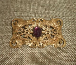 Antique Art Nouveau Amethyst Purple Glass Brass Filigree Sash Pin Brooch A433