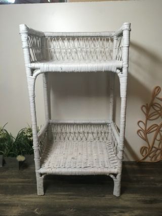 Vintage White Wicker End /plant /side Table Night Stand Two Shelves 30” Tall