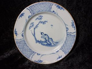 Antique Painted Delft Plate,  " Chinese Lady With Fan ".