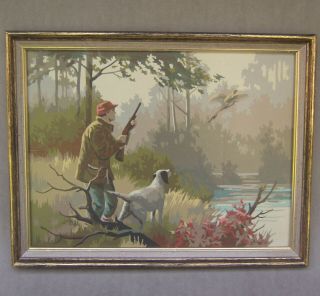 Vintage Paint By Numbers Hunting Scene W/ Dog And Pheasant Mid Century 16 " X 12 "