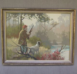 Vintage Paint By Numbers Hunting Scene w/ Dog and Pheasant Mid Century 16 