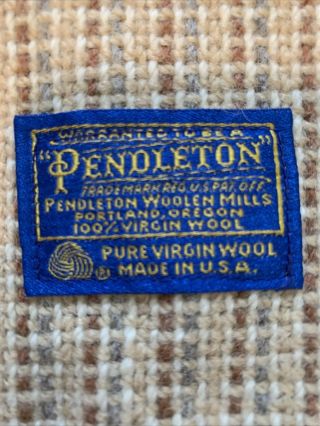 Vintage Pendleton Wool Blanket Throw Beige Check In Usa 66”x52” Counting Fringe