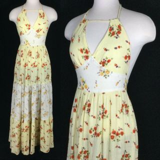 Vtg 70 Patchwork Floral Halter Indian Gauze Prairie Cottagecore Maxi Dress Xs