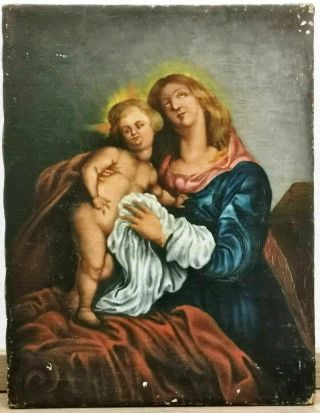 Antique Baroque Oil Painting On Canvas " Madonna With Little Jesus " 1600 - 1700 Ca