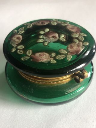 Antique Bohemian Green Enameled Glass Trinket Jewelry Pill Box