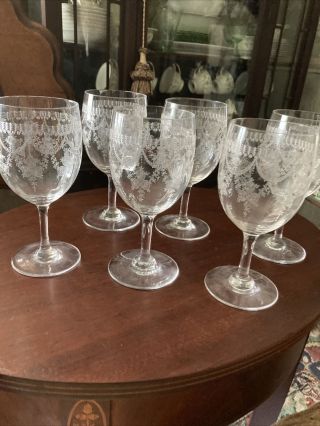 Antique 6 - Crystal Wheel Cut Floral Swag Etched Stemware Water/wine