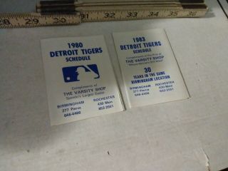 2 Detroit Tigers Pocket Schedule 1980,  83 Varsity Shop