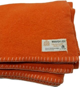 Vintage Waverley Pure Wool Blanket Orange Made In Aus 160x225cm Caledonian