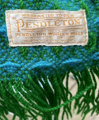 Lovely Unique Vintage Pendleton 100 Virgin Wool Blanket Throw Blue Green 57x70