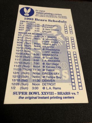 1993 Chicago Bears Football 3 1/2” X 6” Schedule Card Instant Print Co.  Version