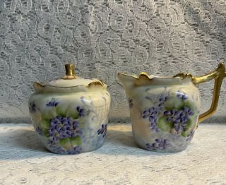 Antique Limoges T&v Cream & Sugar Set.  Hand Painted Violets And Gold Trim.  3.  5”