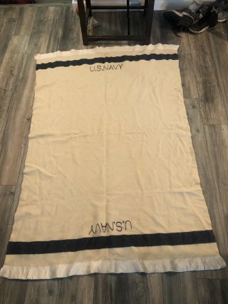 Vintage U.  S.  Navy Wool Blanket Satin Trim 72 X 50
