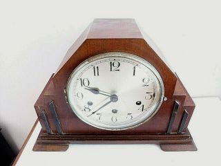 Vintage Art Deco Shaped German Haller Wooden Cased Mantle Clock Gwo 84862