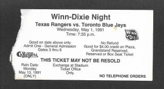 5/1/1991 Texas Rangers Ticket Stub,  Rain Check,  Nolan Ryan 7th No Hitter