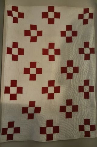 Antique Red And White Handmade Crib Quilt