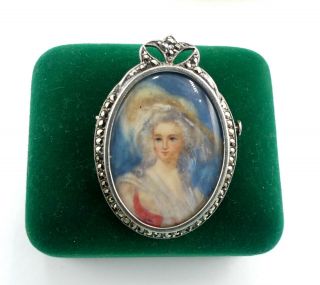 Antique 800 Silver & Hand Painted Lady Portrait Pin/brooch