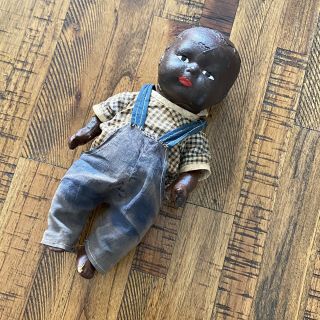 Antique Black Composition Doll 9” Early 1900s Overalls 019