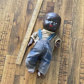 Antique Black Composition Doll 9” Early 1900s Overalls 019 2