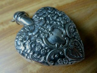 Antique Solid Sterling Silver Hallmarked Rococo Heart Scent Perfume Bottle