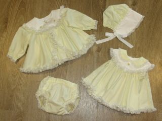 Vtg Bryan Baby Girl 4 Pc Set Yellow Dress Coat Diaper Cover Bonnet Lace 3m Euc